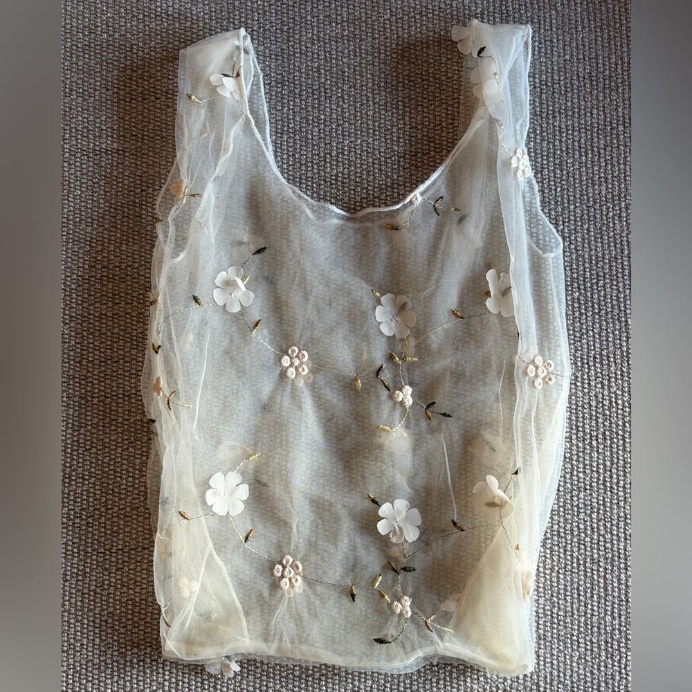 Sheer Embroidered Mesh Floral Tote Bag